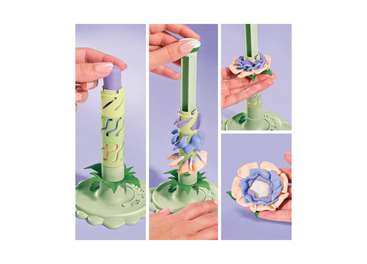 Play-Doh Blooms Meadow Bouquet Flower-Making Kit with colorful molded flowers in pink, blue, and yellow arranged on g...
