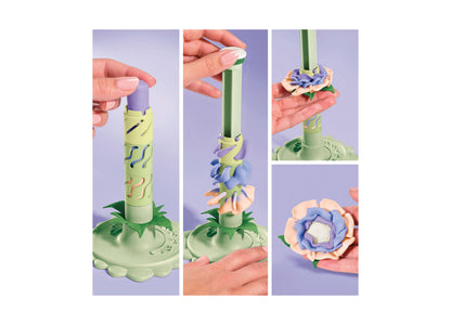 Play-Doh Blooms Meadow Bouquet Flower-Making Kit with colorful molded flowers in pink, blue, and yellow arranged on g...