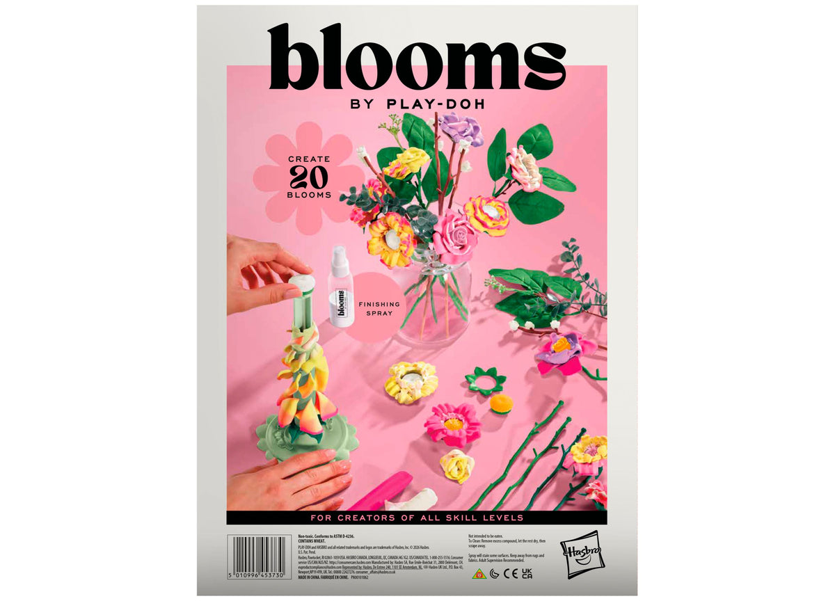 Play-Doh Blooms DIY Garden Bouquet Kit with 20 colorful flowers in vase and finishing spray on pink background
