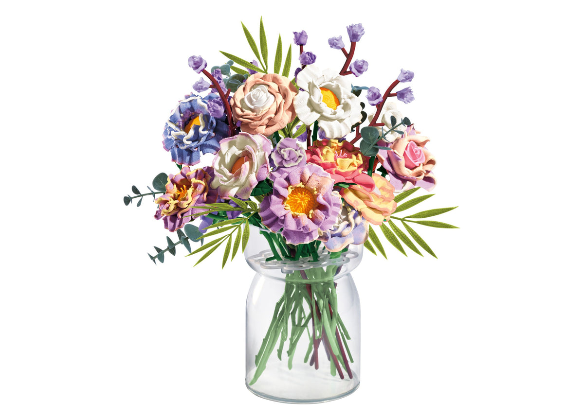 Play-Doh Blooms Meadow Bouquet Flower-Making Kit with colorful molded flowers in purple, pink, peach, and white arran...