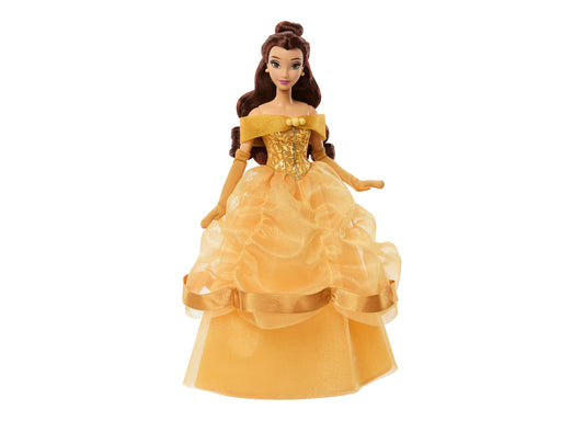 Disney Princess Belle Fashion Doll wearing gold ball gown with off-shoulder neckline and brown hair styled in half-up...