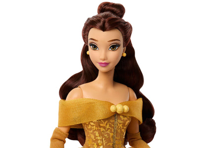 Disney Princess Belle Fashion Doll in gold gown with dark brown hair, yellow earrings, and off-shoulder dress