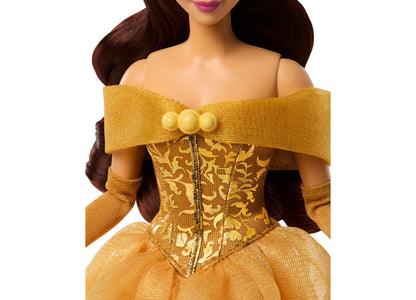 Disney Princess Belle Fashion Doll in gold gown with off-shoulder neckline, three-pearl brooch, and coordinated acces...