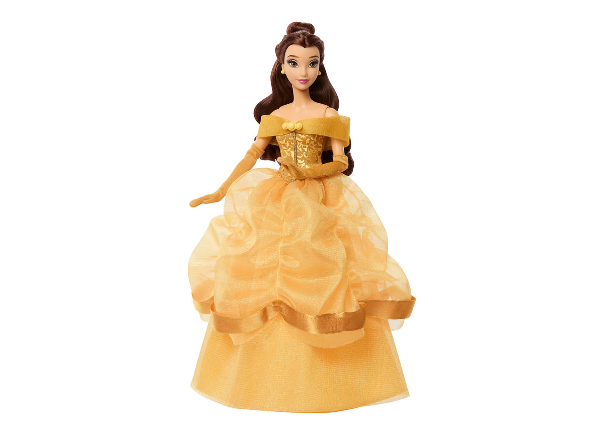 Disney Princess Belle Fashion Doll in yellow gown with off-shoulder neckline, gold corset, and layered skirt with gol...