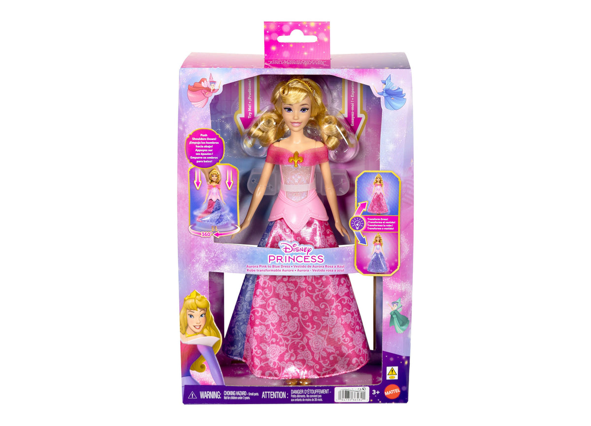 Disney Princess Aurora 13-Inch Transforming-Dress Light-Up Fashion Doll in pink gown with blonde hair, shown in packa...