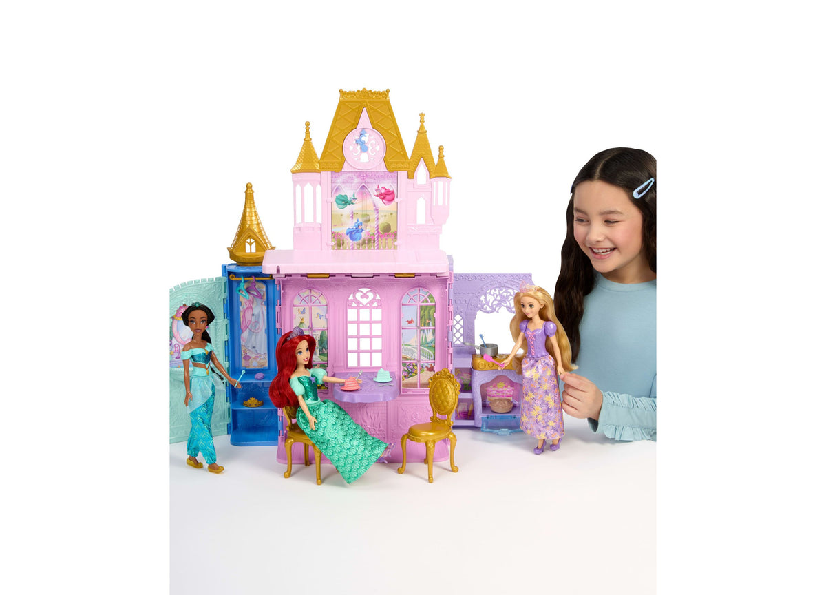 Disney Princess Rapunzel Close & Carry Castle playset with pink castle, five play areas, Rapunzel doll with long hair...