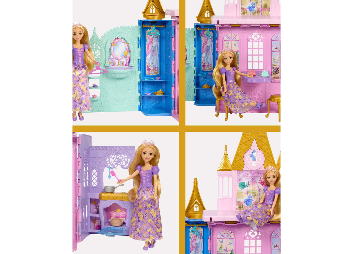 Disney Princess Rapunzel Close & Carry Castle playset with five play areas in pink, purple, and blue, featuring Rapun...