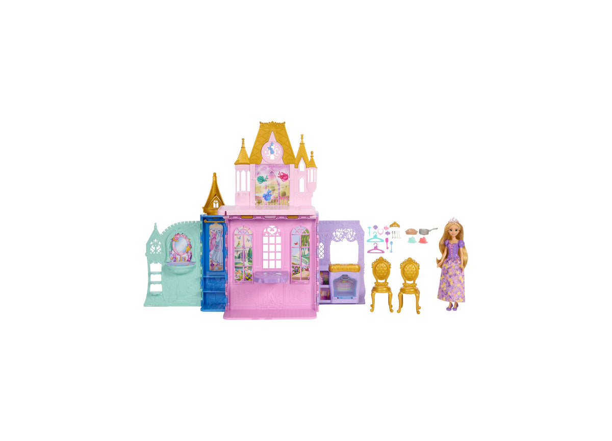 Disney Princess Rapunzel Close & Carry Castle playset with pink castle, turrets, Rapunzel doll in purple dress, golde...