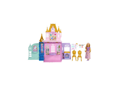 Disney Princess Rapunzel Close & Carry Castle playset with pink castle, turrets, Rapunzel doll in purple dress, golde...