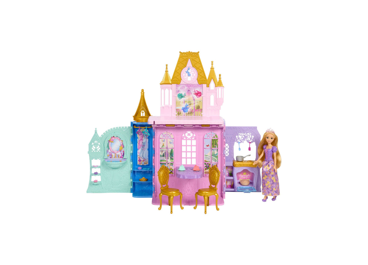 Disney Princess Rapunzel Close & Carry Castle playset with pink and gold castle tower, five play areas in turquoise, ...