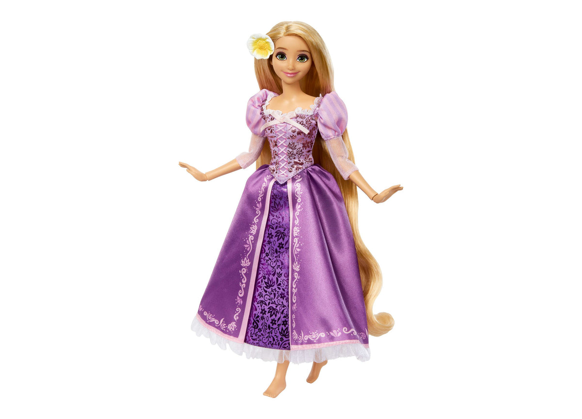 Disney Princess Rapunzel 13" doll wearing purple gown with long blonde hair and yellow flower accessory