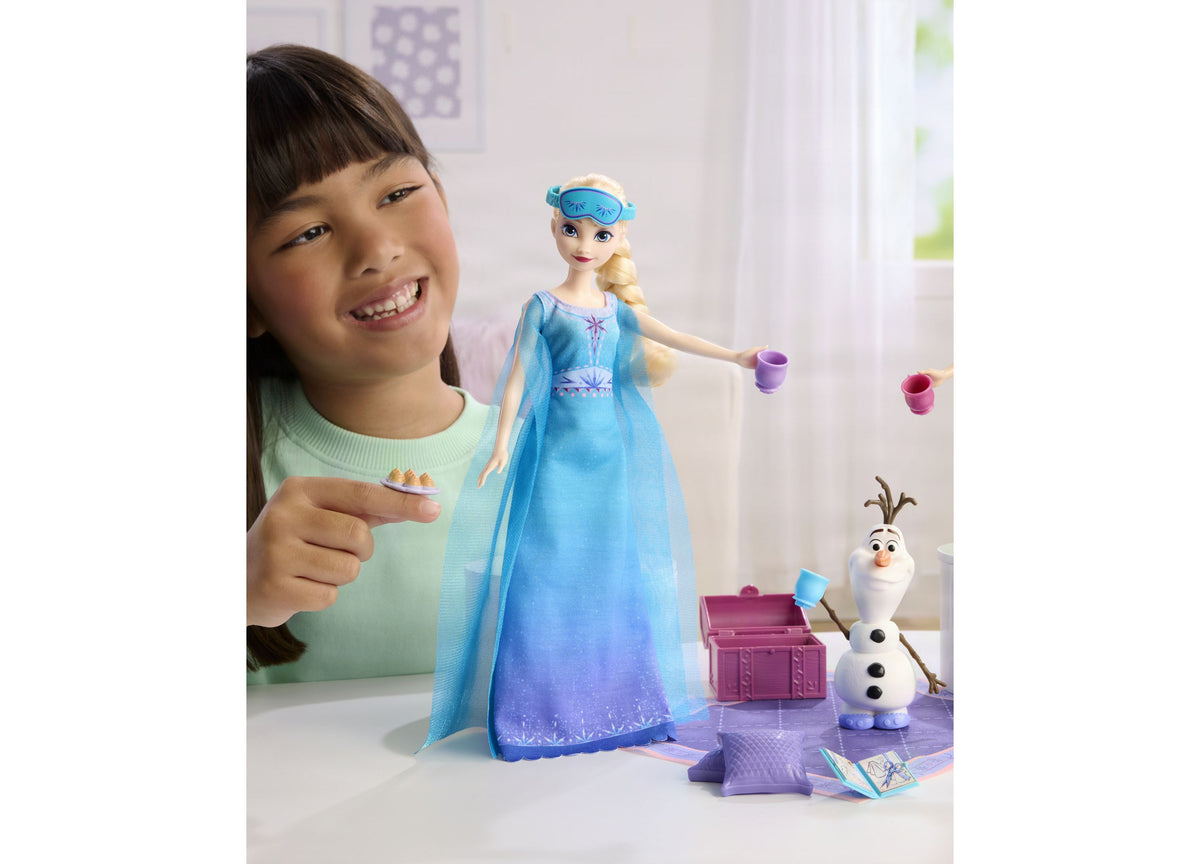 Disney Frozen Slumber Sister Set with posable Elsa doll in blue nightgown, Olaf character, and accessories including ...