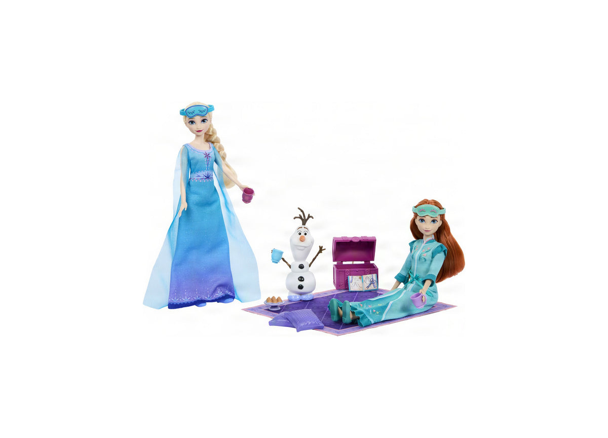 Disney Frozen Slumber Sister Set with posable Elsa and Anna dolls, Olaf figure, purple treasure chest, and accessorie...