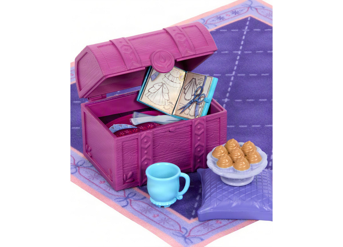 Disney Frozen Slumber Sister Set with pink treasure chest, blue mug, plate of pastries, and fashion doll accessories ...