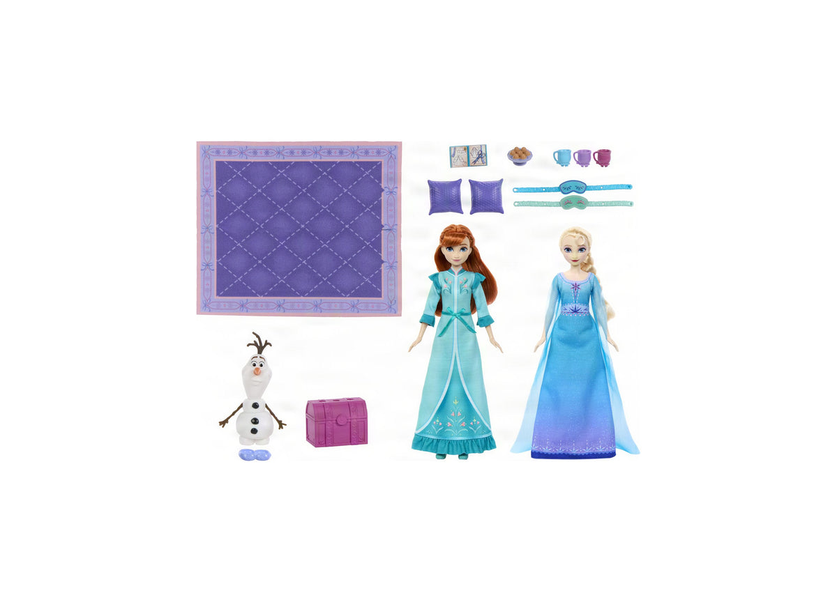 Disney Frozen Slumber Sister Set with posable Anna and Elsa dolls, Olaf character, purple bedroom backdrop, and 14 ac...