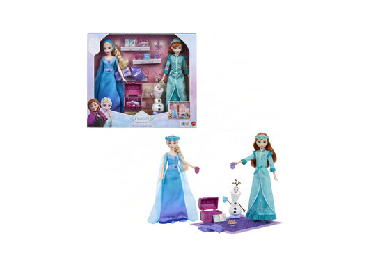 Disney Frozen Slumber Sister Set with posable Anna and Elsa dolls in blue nightgowns, Olaf figure, and 14 accessories...