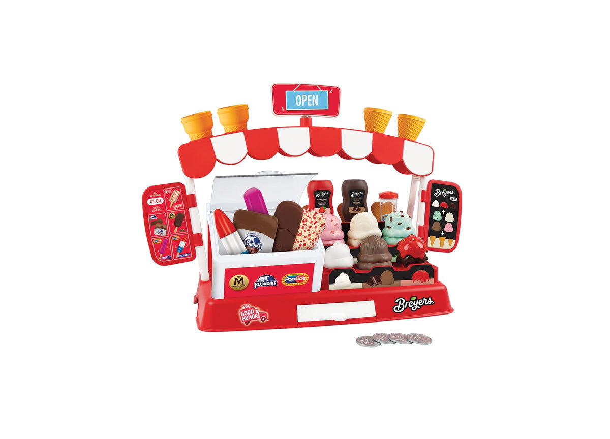Casdon Ice Cream Parlor playset with red and white striped awning, freezer display, cash drawer, and 35+ pieces inclu...