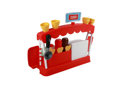 Casdon Ice Cream Parlor playset with red stand, yellow ice cream cones, and 35+ pieces including scoop, cash drawer, ...