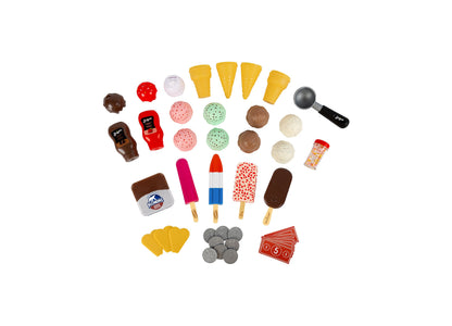 Casdon Ice Cream Parlor 35+ Piece Playset with ice cream cones, popsicles, scoops, coins, and red menu cards arranged...