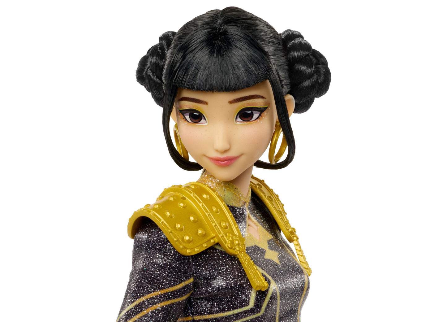 Kpop Demon Hunters Zoey Golden 12.75 inch singing doll with black hair buns, gold earrings, and sparkly outfit