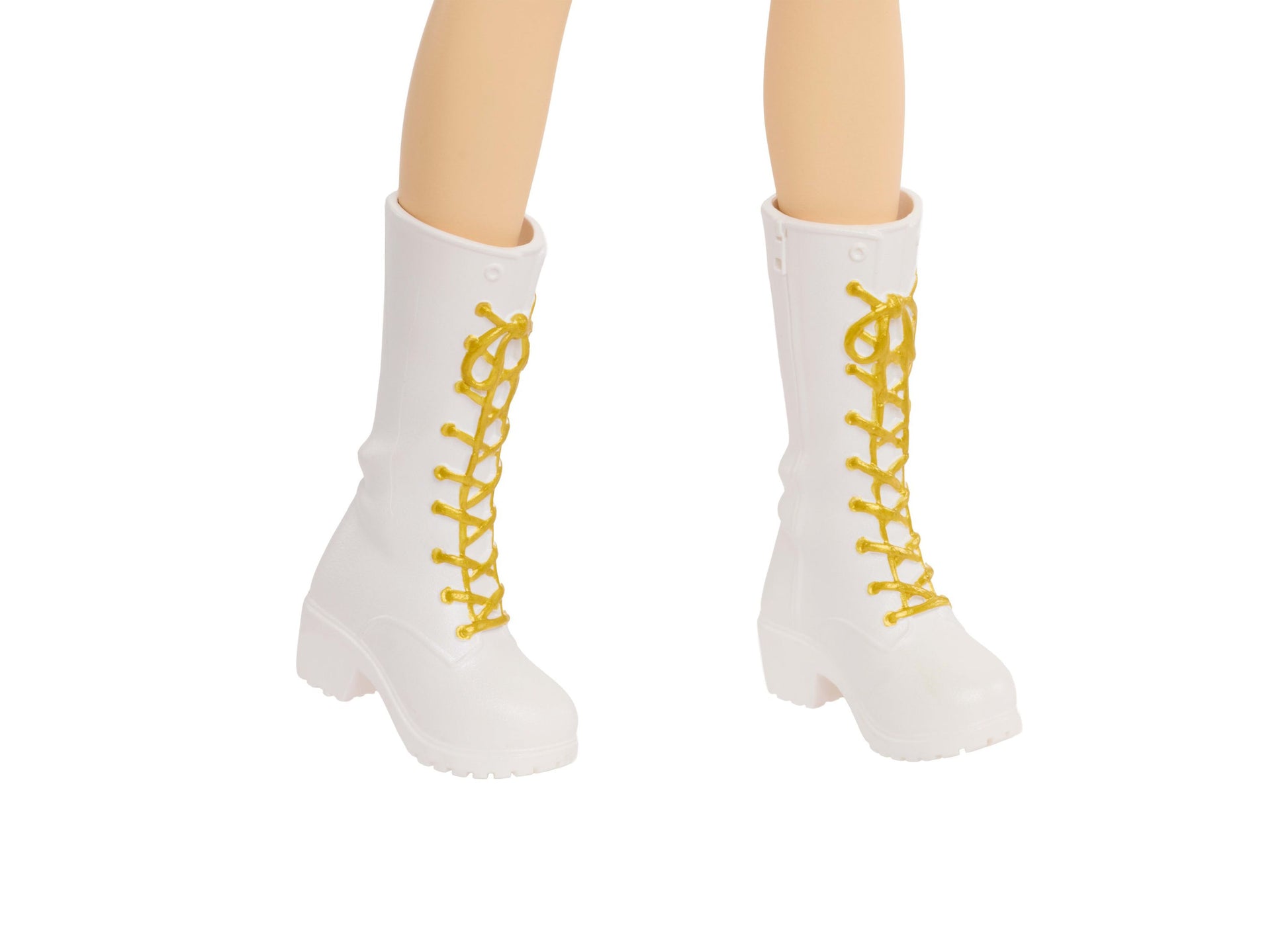 Zoey Golden doll white boots with gold laces, posable joints