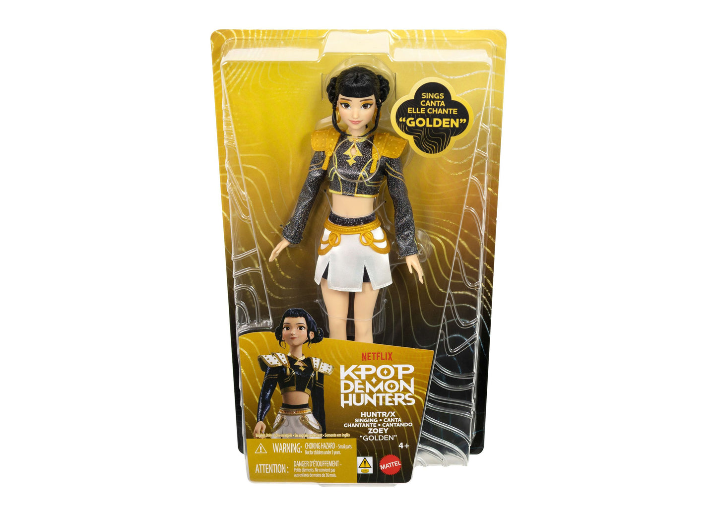 Kpop Demon Hunters Zoey Golden singing doll in black and gold outfit