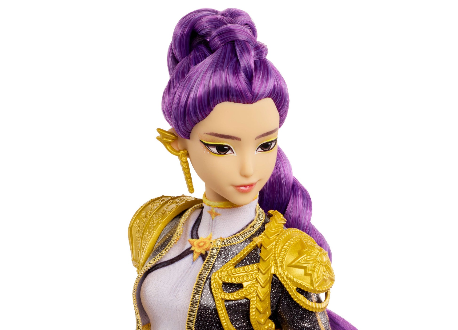 Kpop Demon Hunters Rumi Golden doll with purple hair, gold outfit, and posable joints