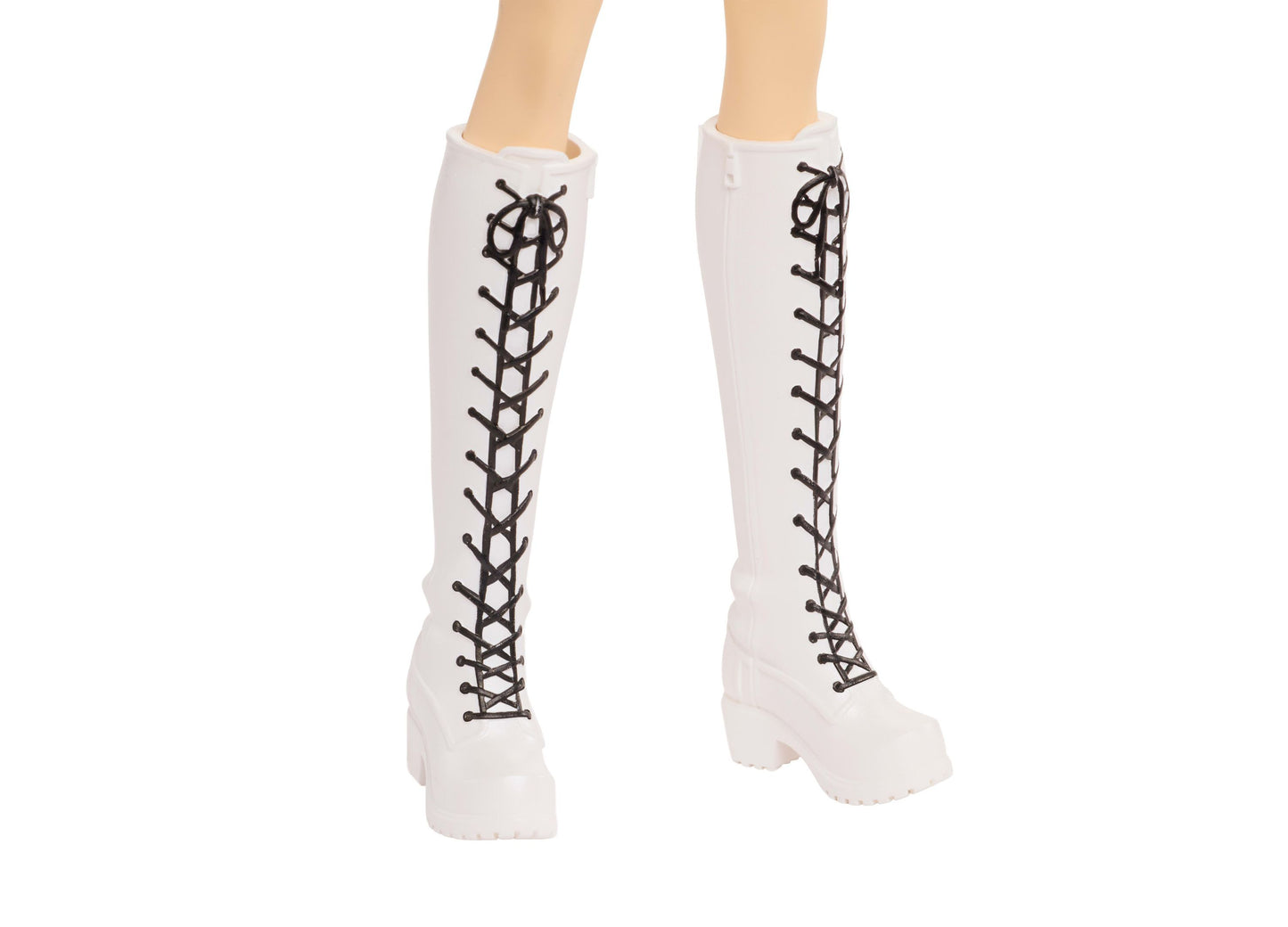 Kpop Demon Hunters Rumi Golden doll wearing white lace-up knee-high boots with black laces