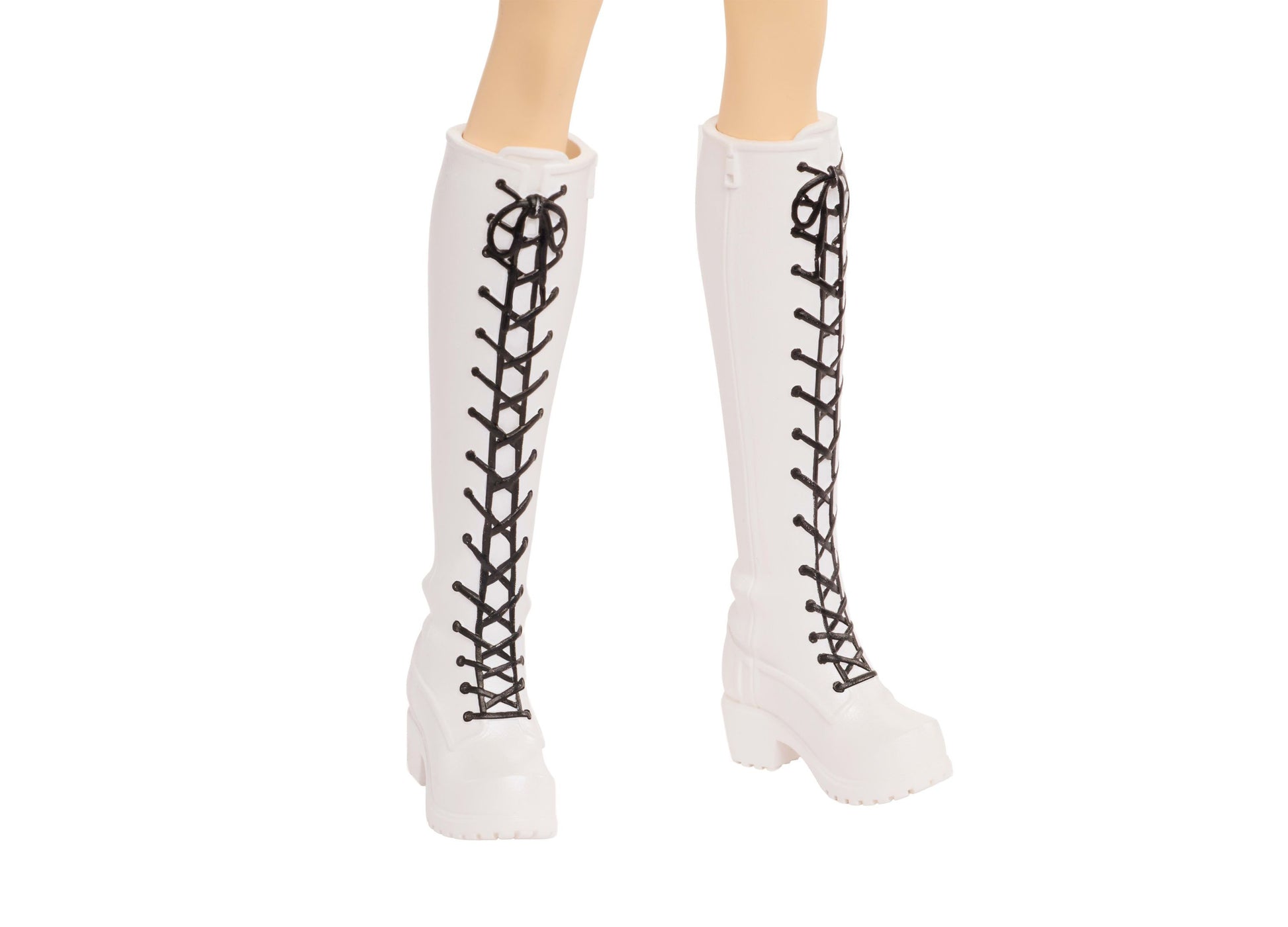 Kpop Demon Hunters Rumi Golden doll wearing white lace-up knee-high boots with black laces