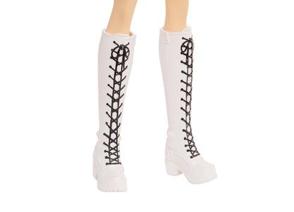 Kpop Demon Hunters Rumi Golden doll wearing white lace-up knee-high boots with black laces