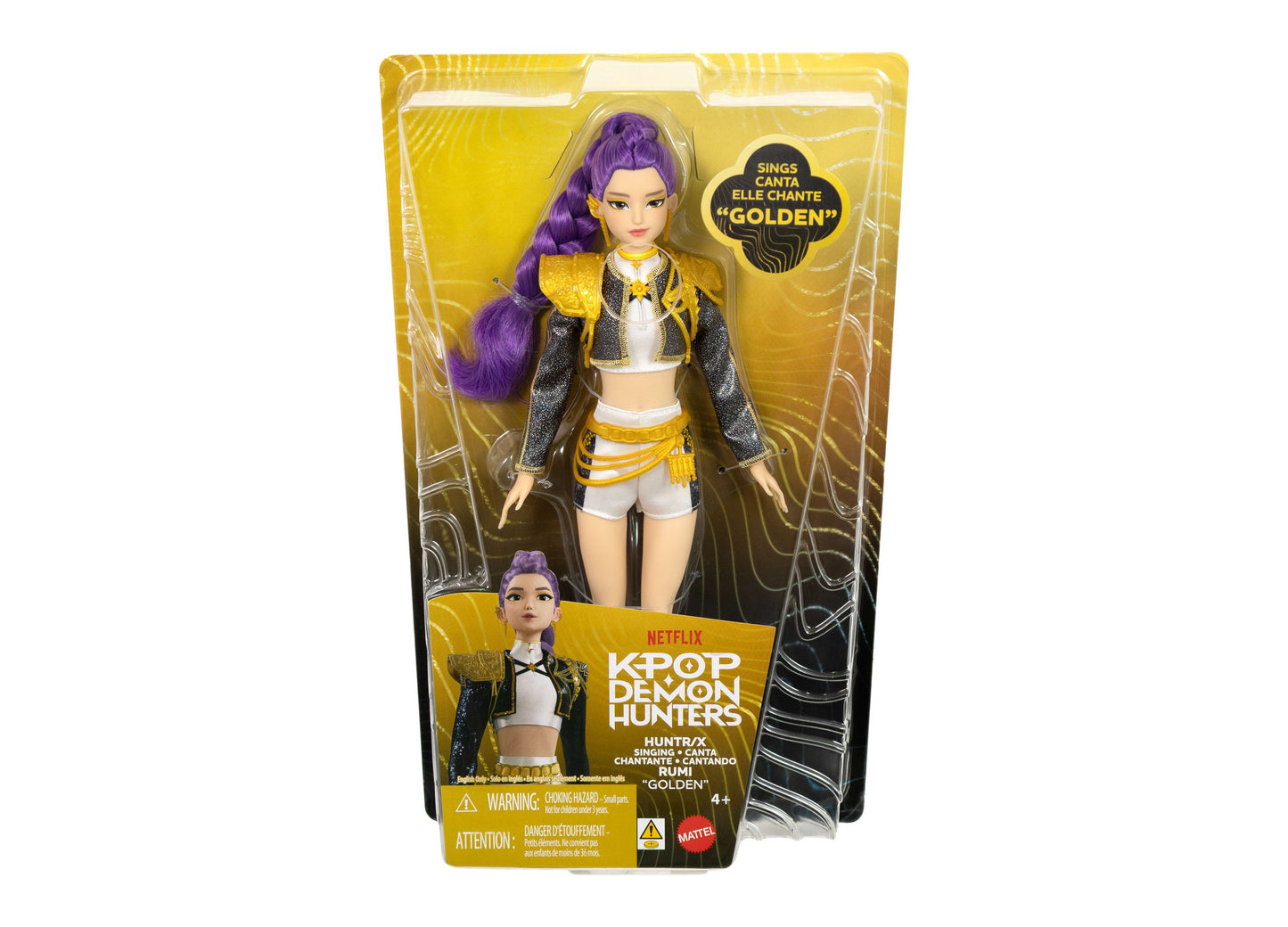 Kpop Demon Hunters Rumi Golden singing doll with purple hair, yellow and black outfit