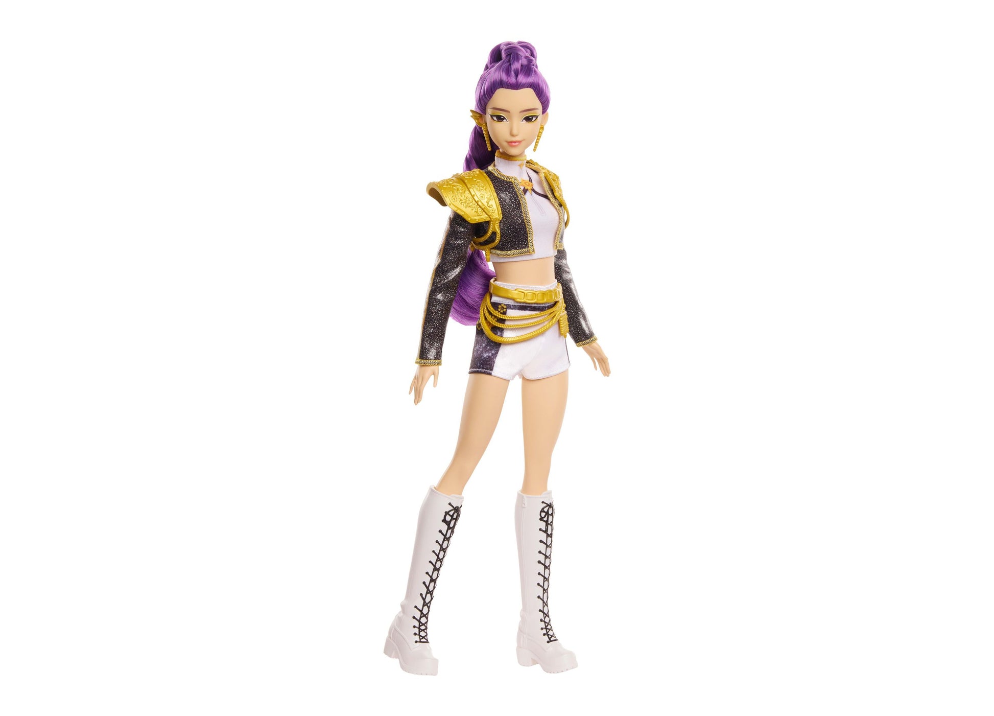 Kpop Demon Hunters Rumi Golden doll with purple hair, gold and black outfit, white boots