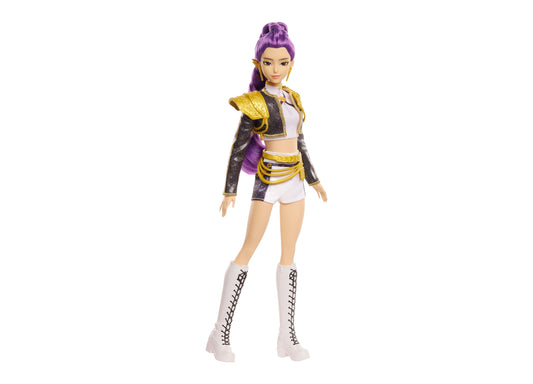 Kpop Demon Hunters Rumi Golden doll with purple hair, gold and black outfit, white boots