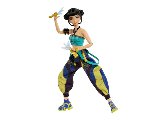 Kpop Demon Hunters HUNTR/X Zoey posable fashion doll with turquoise top, blue and yellow pants, and accessories