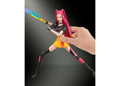 Huntrx Mira 6-inch action figure with pink hair, black outfit, yellow skirt, and blue energy sword