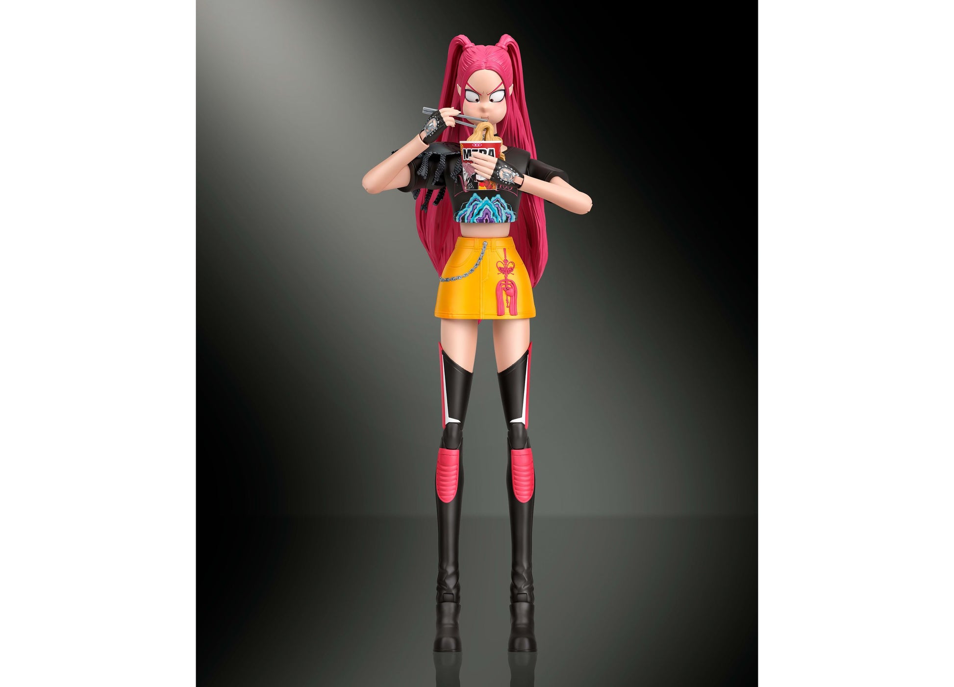 Kpop Demon Hunters Huntrx Mira 6-inch action figure with pink hair, black and yellow outfit