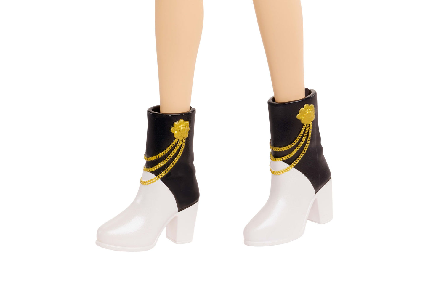 Kpop Demon Hunters Mira Huntr/X doll wearing black and white boots with gold chain details