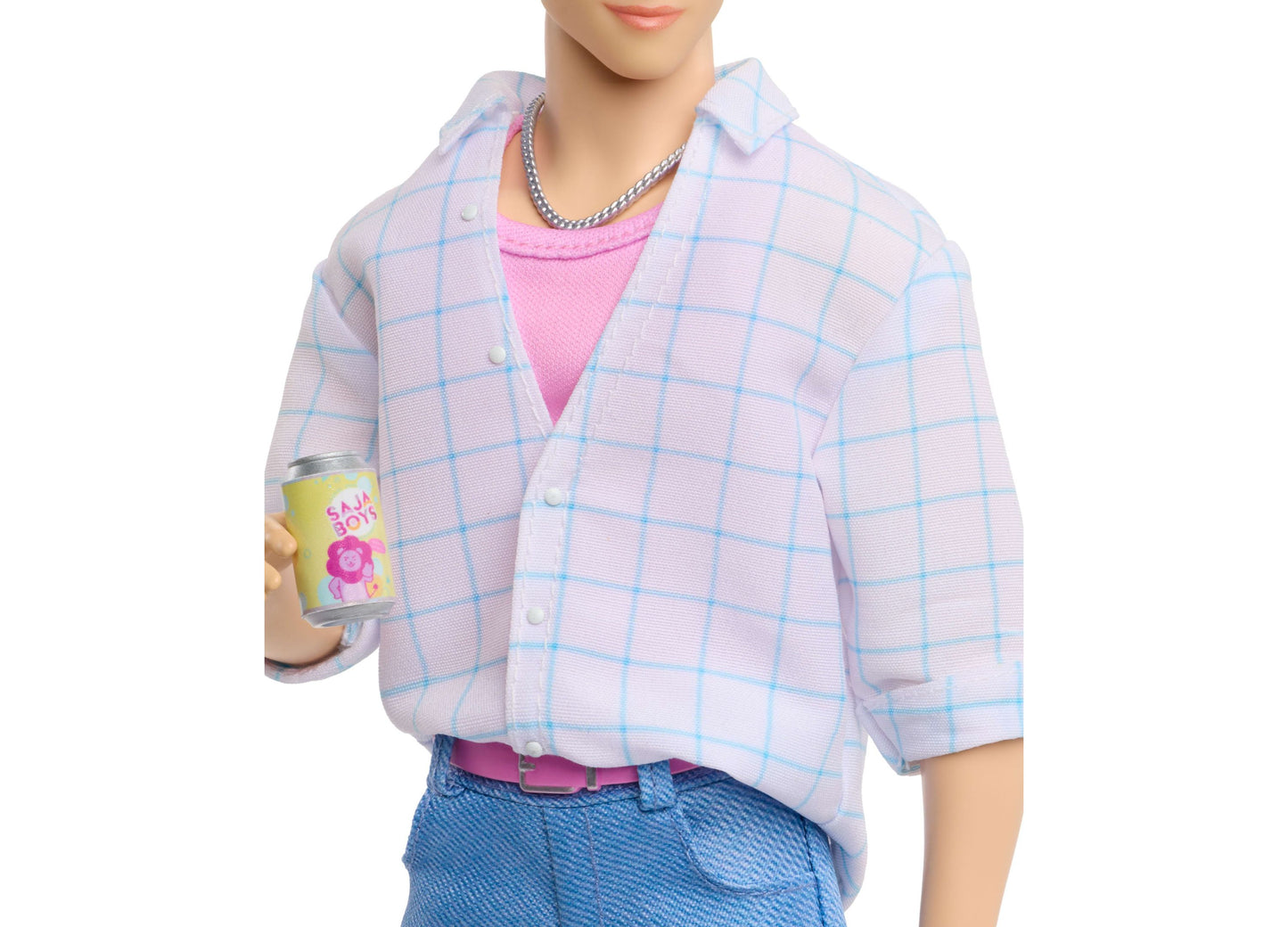 Saja Boys Jinu fashion doll wearing pink plaid shirt and holding soda can