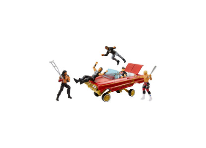 WWE Rey Mysterio Main Event Lucha Low Rider Hydraulics Action Vehicle Set with red lowrider car and action figures