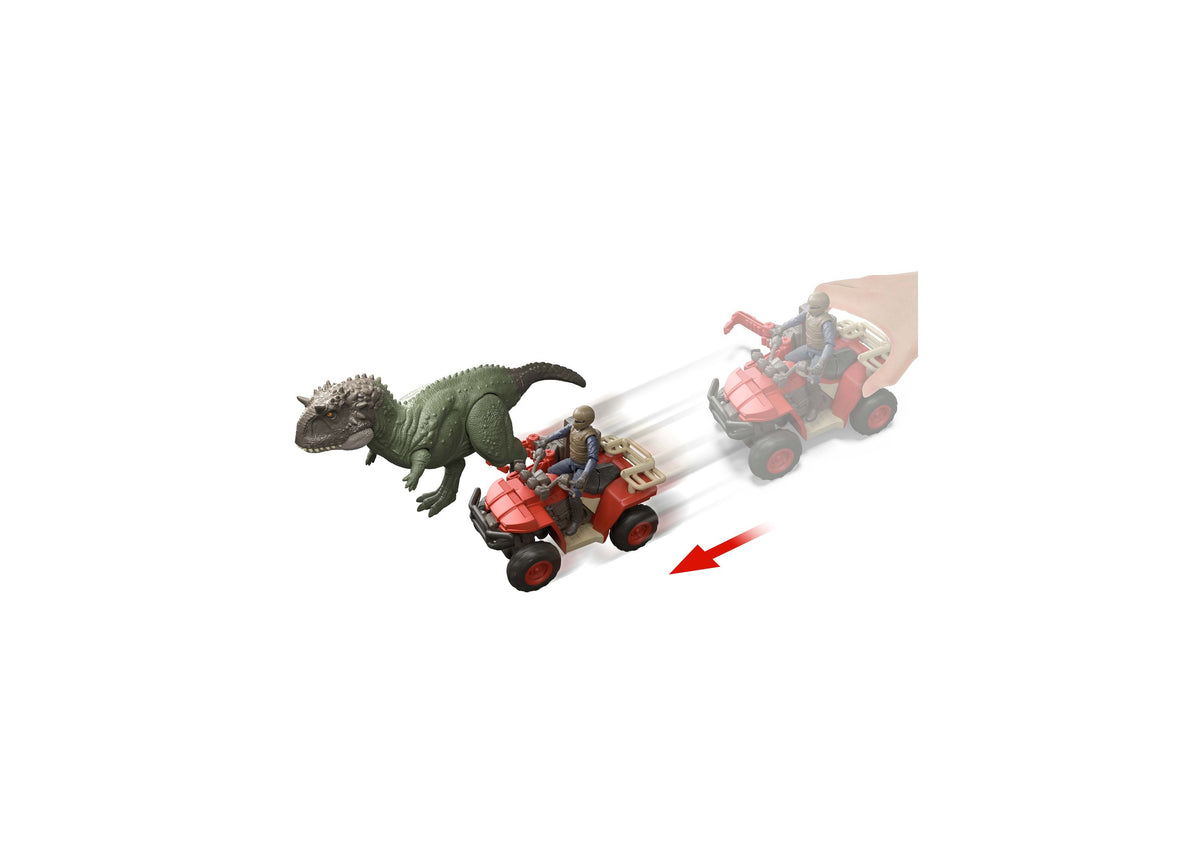 Jurassic World Ekrixinatorsaurus Capture Claw playset with green dinosaur, red pull-back vehicle, and human figure
