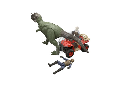 Jurassic World Ekrixinatorsaurus Capture Claw playset with green dinosaur, red pull-back vehicle, and human figure