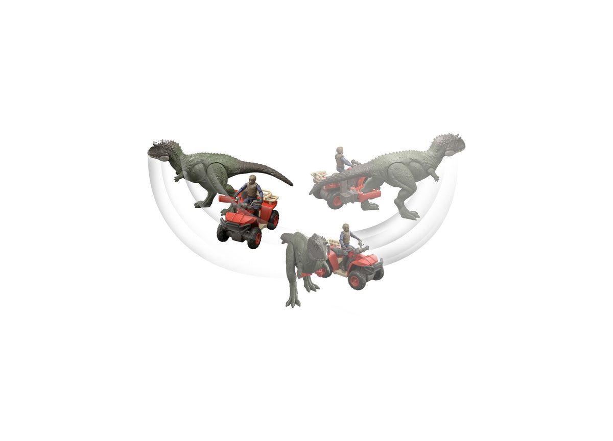 Jurassic World Ekrixinatorsaurus Capture Claw playset with green dinosaur, red pull-back vehicle, and human figure