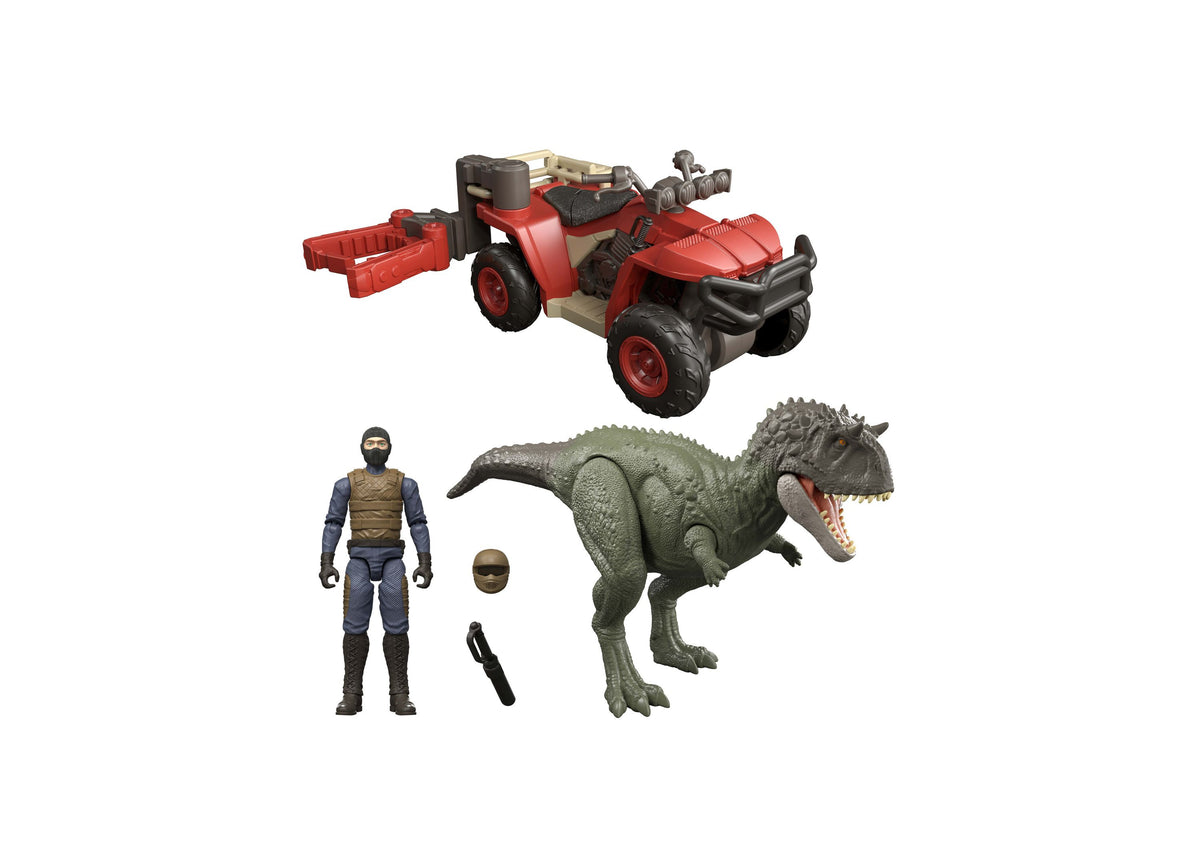 Jurassic World Ekrixinatorsaurus Capture Claw playset with red pull-back vehicle, green dinosaur figure, and human ch...