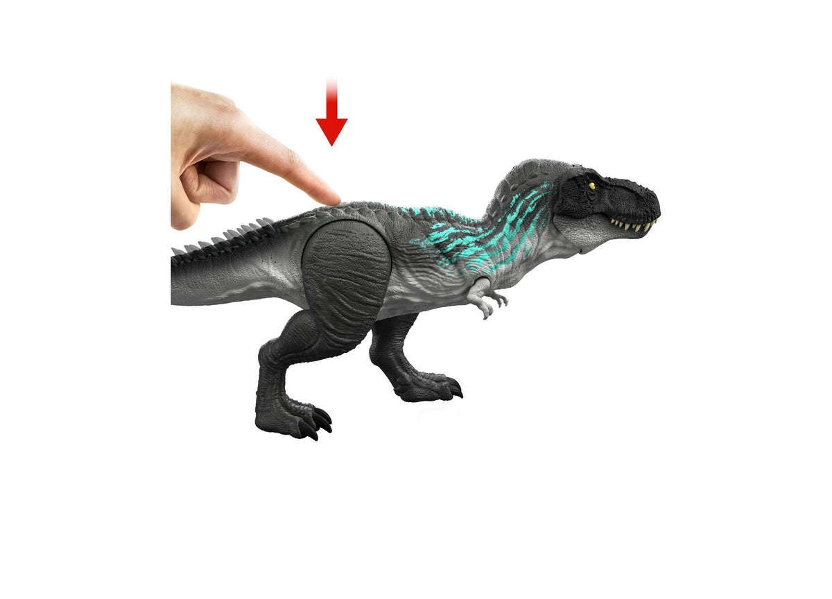 Jurassic World Muscle Madness Tyrannosaurus Rex 21.5-Inch Action Figure with gray body and turquoise stripes, shown w...