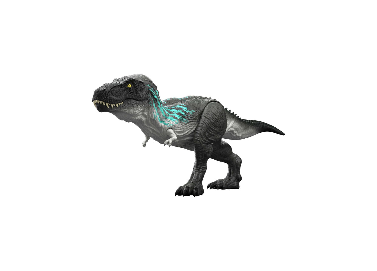 Jurassic World Muscle Madness Tyrannosaurus Rex 21.5-Inch Action Figure with black body and turquoise throat detail, ...