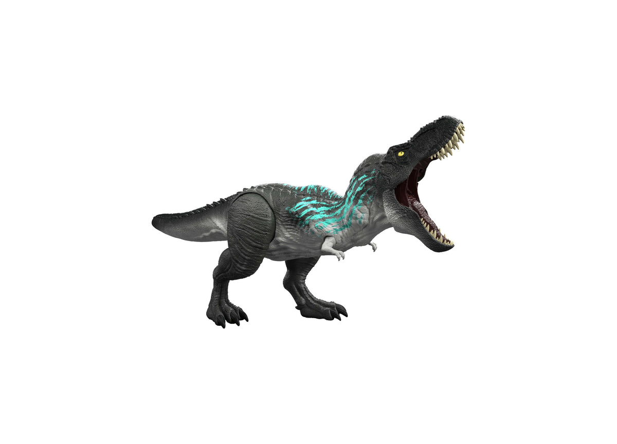 Jurassic World Muscle Madness Tyrannosaurus Rex 21.5-Inch Action Figure with black body, turquoise markings, and open...