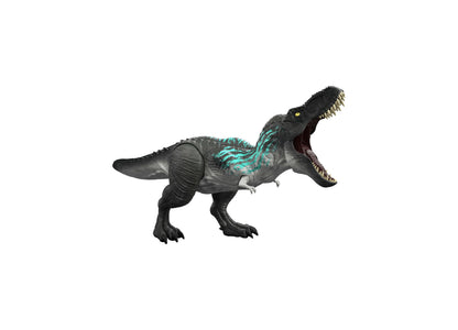 Jurassic World Muscle Madness Tyrannosaurus Rex 21.5-Inch Action Figure with black body, turquoise markings, and open...