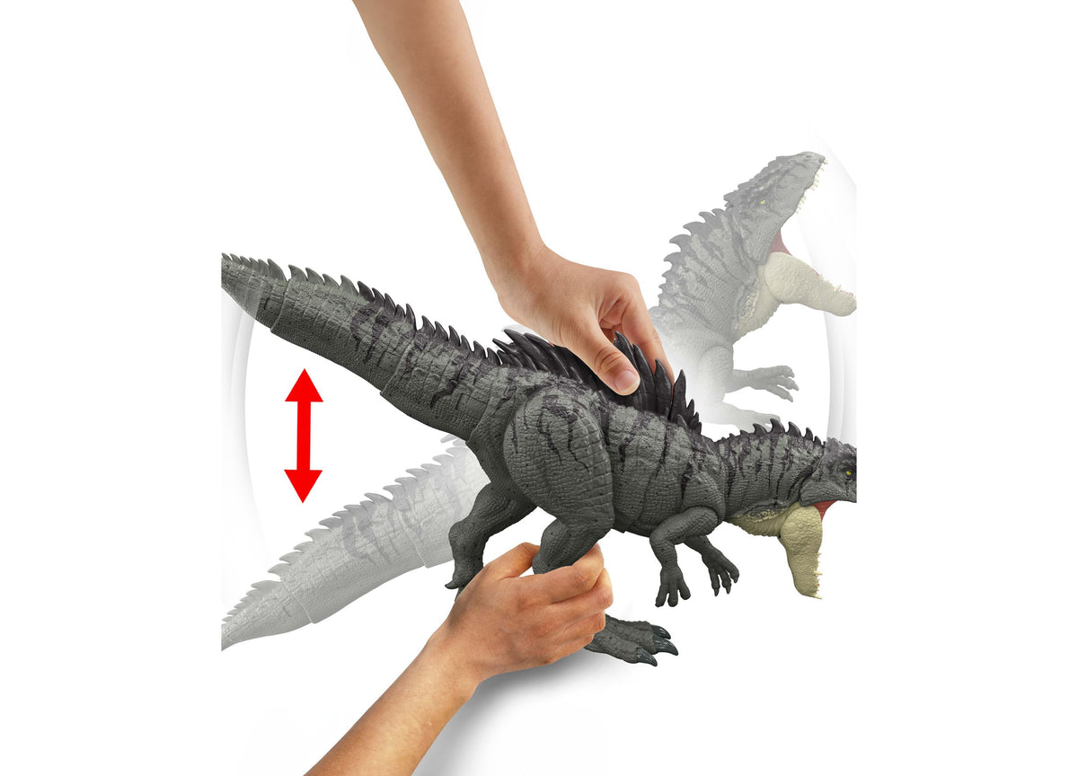 Jurassic World Giganotosaurus 28-inch action figure with gray body, spikes, and posable limbs, shown with hands demon...