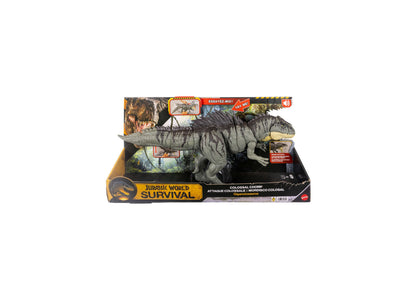 Jurassic World Giganotosaurus 28-inch action figure with gray and black coloring in packaging