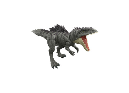 Jurassic World Giganotosaurus 28-inch action figure with gray textured body, open red mouth, and spikes along its back